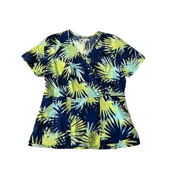 EUC Koi Stretch Tropical print scrub top sz L yellow blue colorful nursing - Picture 1 of 5